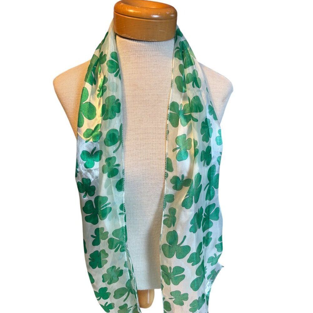 St. Patricks Day Clover Print Sheer Scarf 36x9 Polyester Green & White
